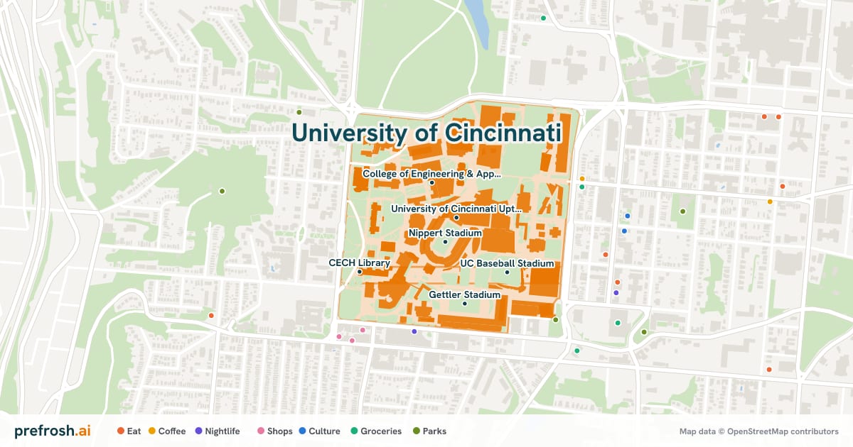 Campus map of University of Cincinnati in Cincinnati, OH, showing Nippert Stadium, University of Cincinnati Uptown (West) Campus, College of Engineering & Applied Science Library and Geology-Mathematics-Physics Library, with nearby restaurants, coffee and shops