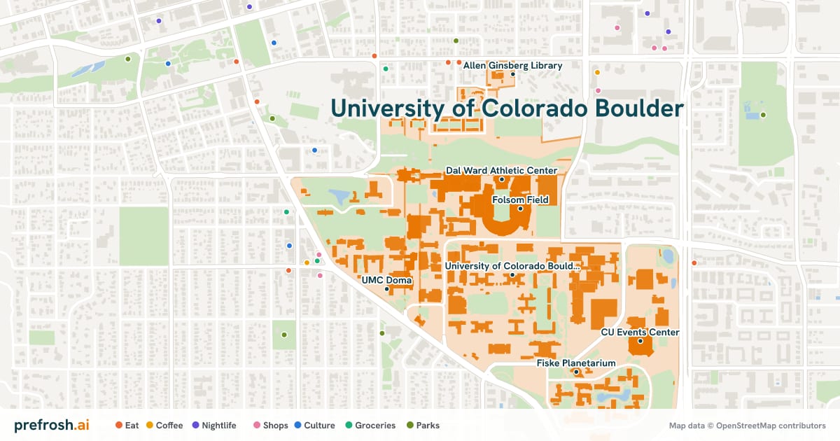 Campus map of University of Colorado Boulder in Boulder, CO, showing Folsom Field, Dal Ward Athletic Center, Carlson Gymnasium and University of Colorado Boulder (Main Campus), with nearby restaurants, coffee and shops