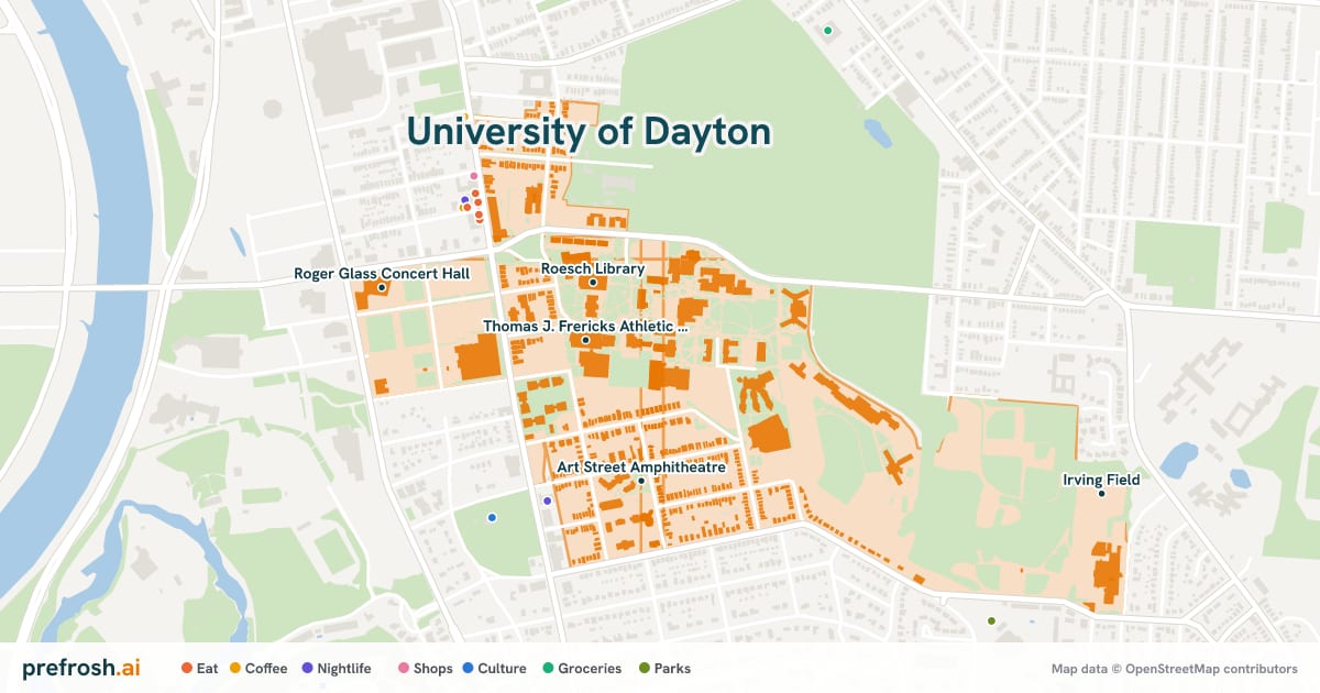 Campus map of University of Dayton in Dayton, OH, showing Thomas J. Frericks Athletic & Convocation Center, Cronin Athletic Center, Roesch Library and Rike Center for Fine Arts, with nearby restaurants, coffee and shops