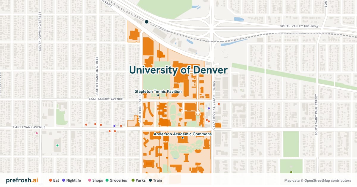 Campus map of University of Denver in Denver, CO, showing Coors Fitness Center and Daniel L. Ritchie Center, with nearby restaurants, coffee and shops