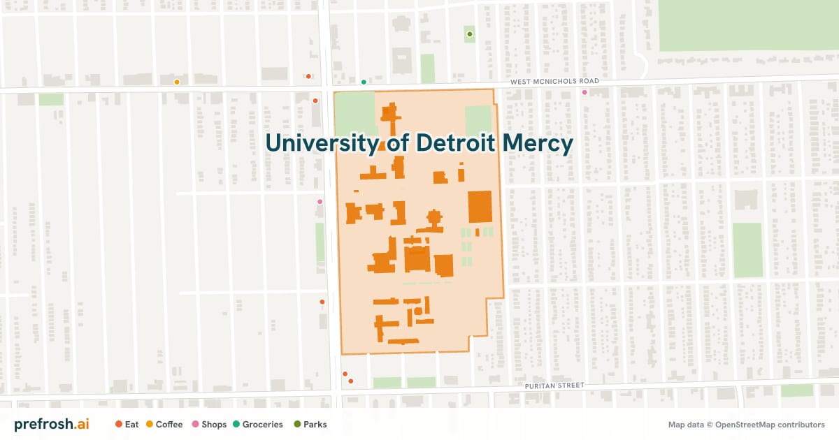 Campus map of University of Detroit Mercy in Detroit, MI, with nearby restaurants, coffee and shops