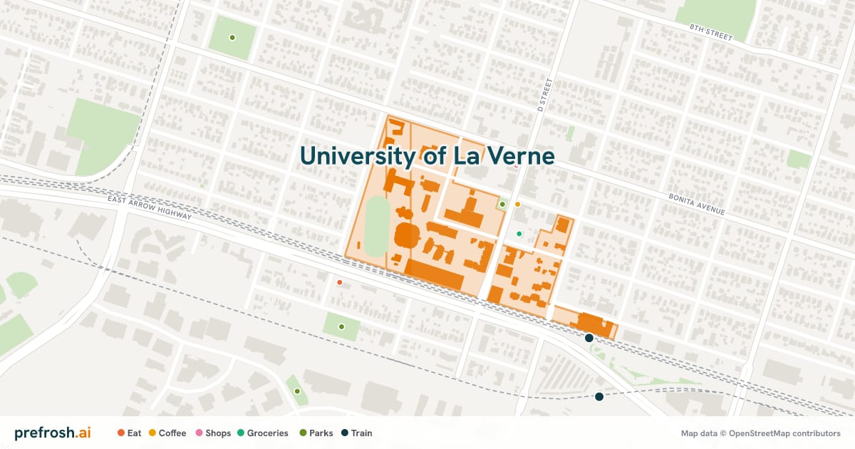 Campus map of University of La Verne in La Verne, CA, with nearby restaurants, coffee and shops
