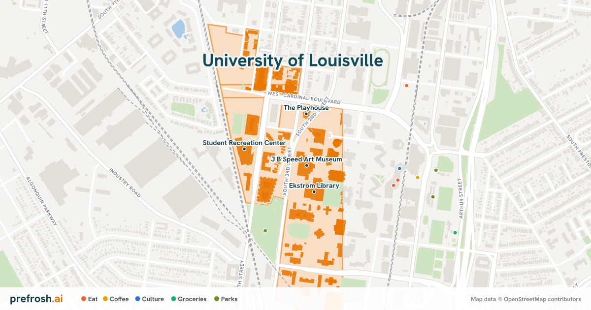 Campus map of University of Louisville in Louisville, KY, showing J B Speed Art Museum, Ekstrom Library, The Playhouse and Student Recreation Center, with nearby restaurants, coffee and shops