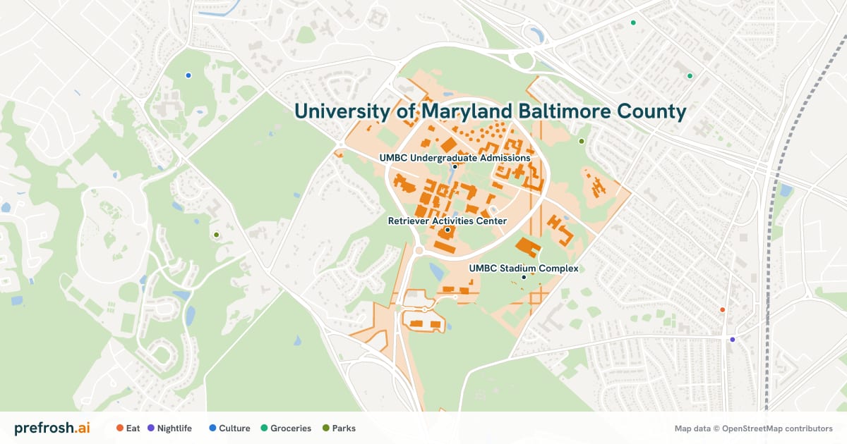 Campus map of University of Maryland Baltimore County in Baltimore, MD, showing Retriever Activities Center, UMBC Stadium Complex and UMBC Undergraduate Admissions, with nearby restaurants, coffee and shops