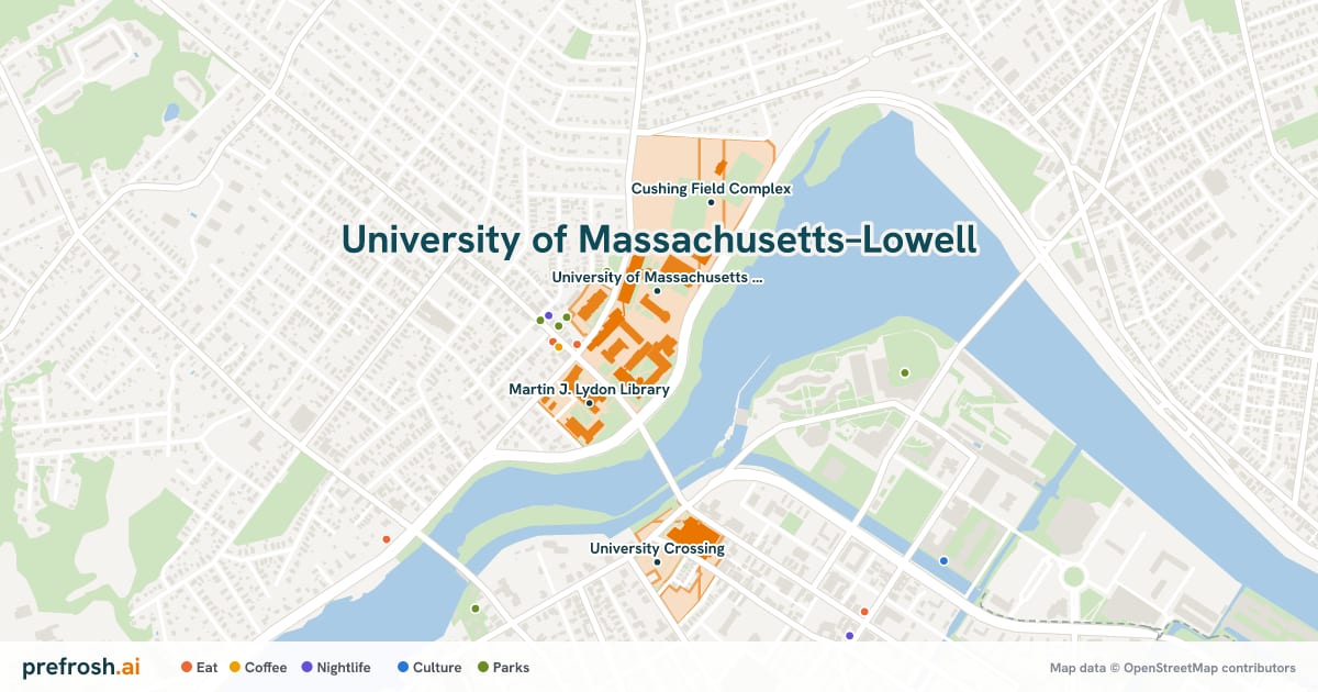 Campus map of University of Massachusetts–Lowell in Lowell, MA, showing University of Massachusetts Lowell North Campus, Costello Athletic Center, Martin J. Lydon Library and Cushing Field Complex, with nearby restaurants, coffee and shops