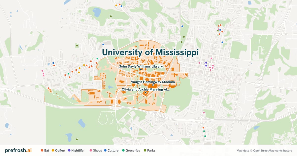 Campus map of University of Mississippi in Oxford, MS, showing Vaught-Hemingway Stadium, Turner Center and John Davis Williams Library, with nearby restaurants, coffee and shops