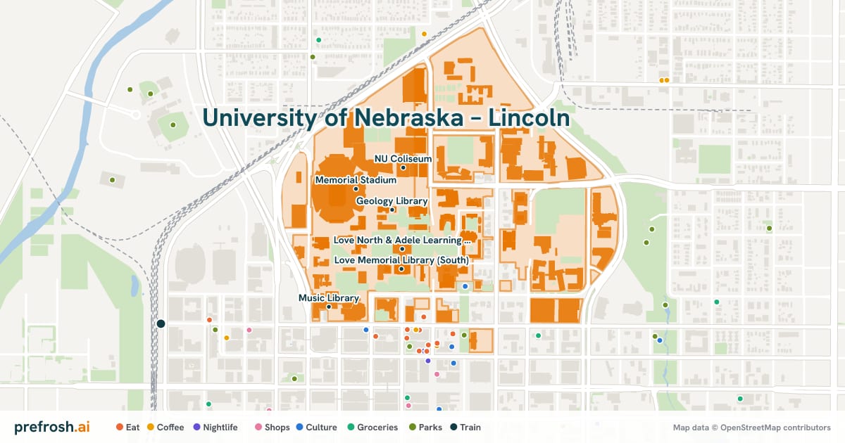 Campus map of University of Nebraska – Lincoln in Lincoln, NE, showing Geology Library, Mathematics Library, Love North & Adele Learning Commons and University of Nebraska-Lincoln City Campus, with nearby restaurants, coffee and shops
