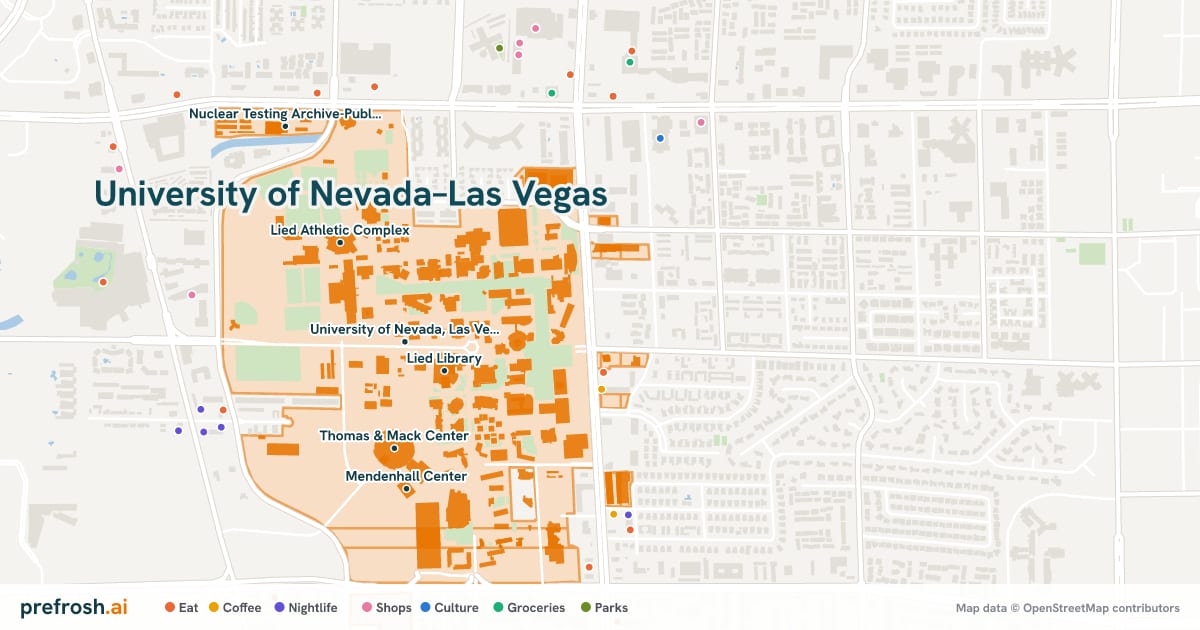 Campus map of University of Nevada–Las Vegas in Las Vegas, NV, showing University of Nevada, Las Vegas, Lied Athletic Complex, Eller Media Softball Stadium and Earl E. Wilson Baseball Stadium, with nearby restaurants, coffee and shops