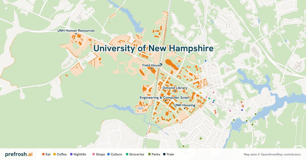 Campus map of University of New Hampshire in Durham, NH, showing Field House, Wildcat Stadium, Whittemore Center Arena and Key Auto Group Complex, with nearby restaurants, coffee and shops