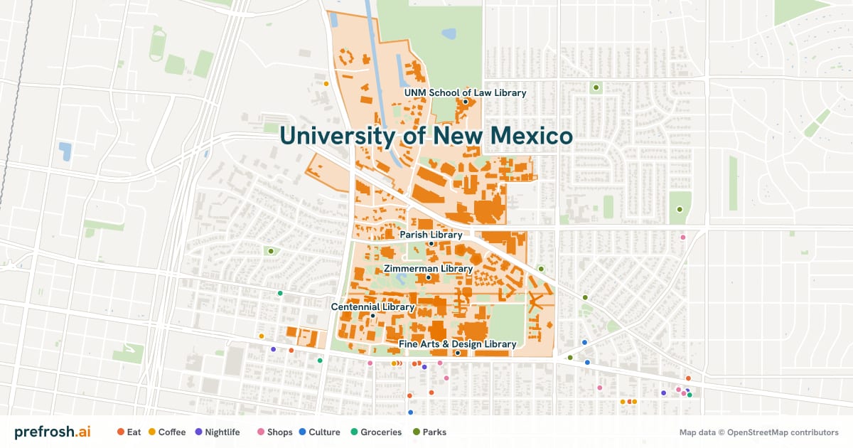 Campus map of University of New Mexico in Albuquerque, NM, showing Parish Library, Zimmerman Library, Health Sciences Center Library and Information Center and College of Nursing and Population Health, with nearby restaurants, coffee and shops