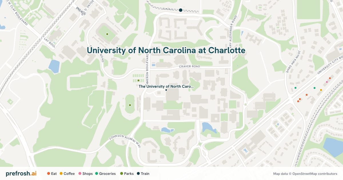 Campus map of University of North Carolina at Charlotte in Charlotte, NC, showing The University of North Carolina at Charlotte, with nearby restaurants, coffee and shops