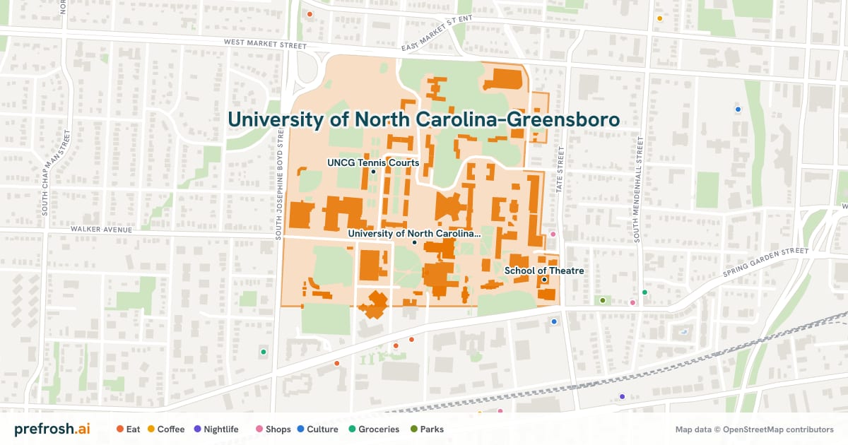 Campus map of University of North Carolina–Greensboro in Greensboro, NC, showing University of North Carolina - Greensboro, Jackson Library and UNCG Tennis Courts, with nearby restaurants, coffee and shops