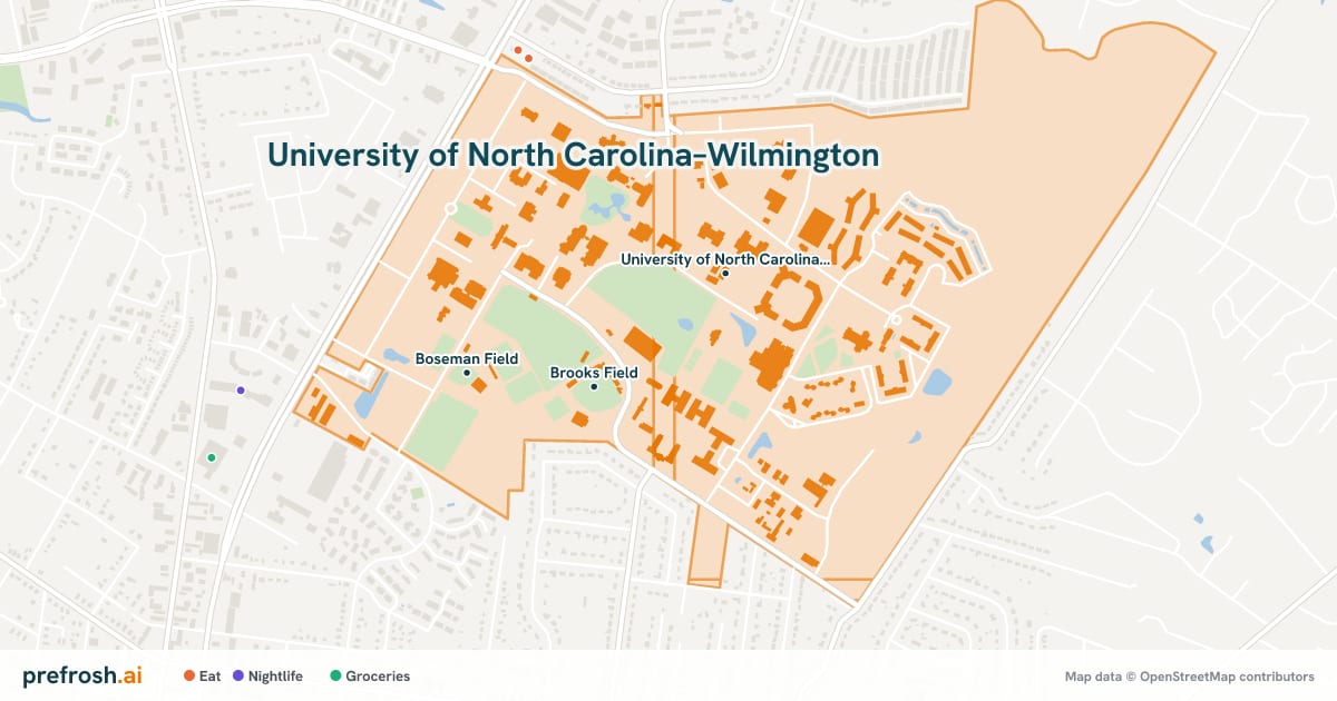 Campus map of University of North Carolina–Wilmington in Wilmington, NC, showing Brooks Field, UNCW Soccer Stadium and Boseman Field, with nearby restaurants, coffee and shops