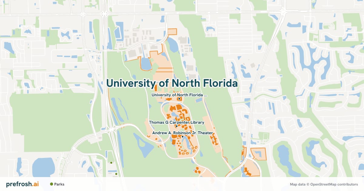 Campus map of University of North Florida in Jacksonville, FL, showing University of North Florida Arena, The Field House and Tennis Clubhouse, with nearby restaurants, coffee and shops