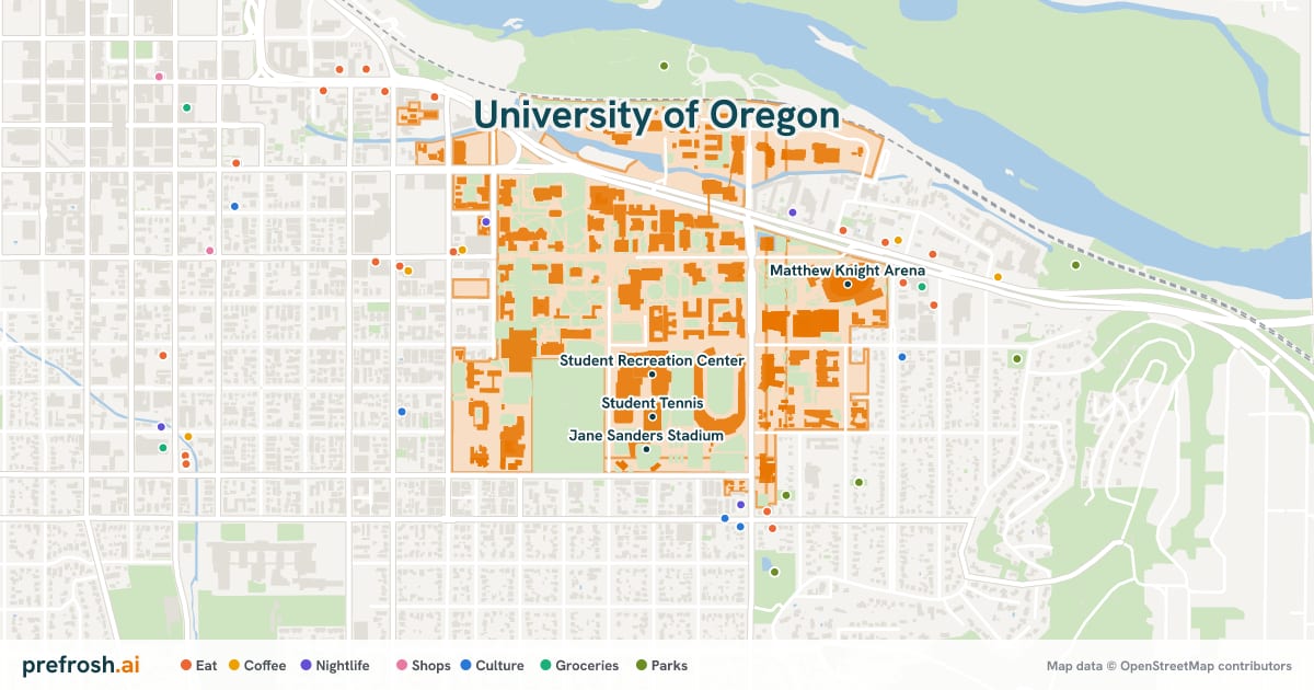 Campus map of University of Oregon in Eugene, OR, showing Student Recreation Center, Student Tennis, McArthur Court and Hayward Field, with nearby restaurants, coffee and shops