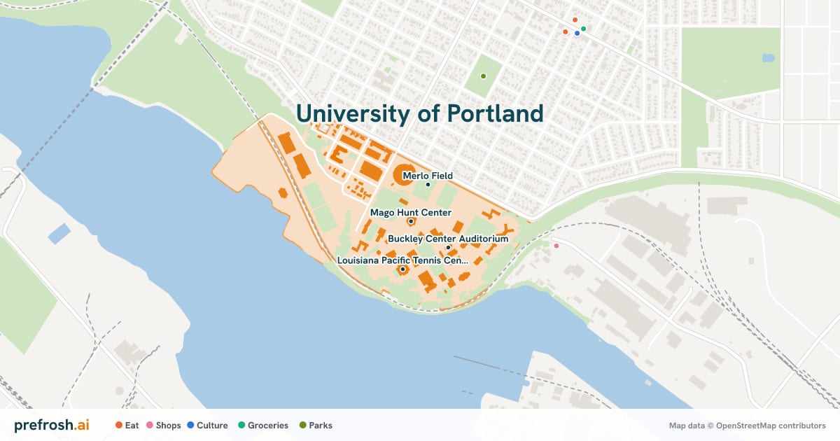 Campus map of University of Portland in Portland, OR, showing Mago Hunt Center, Clark Memorial Library, Merlo Field and Buckley Center Auditorium, with nearby restaurants, coffee and shops