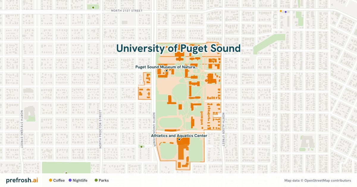 Campus map of University of Puget Sound in Tacoma, WA, showing Puget Sound Museum of Natural History and Collins Memorial Library, with nearby restaurants, coffee and shops
