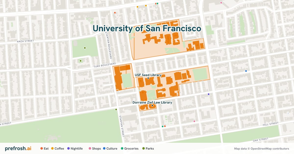 Campus map of University of San Francisco in San Francisco, CA, showing USF Seed Library and Richard A Gleeson Library, with nearby restaurants, coffee and shops