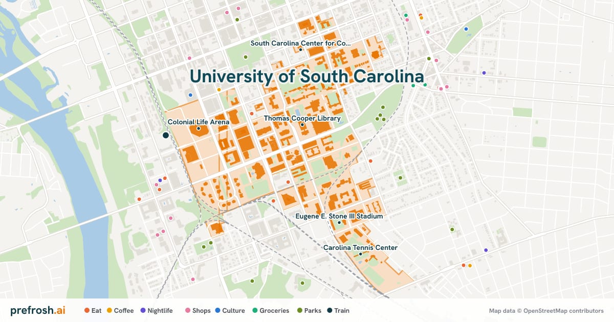 Campus map of University of South Carolina in Columbia, SC, showing Thomas Cooper Library, Eugene E. Stone III Stadium, Darla Moore School of Business and Carolina Indoor Track & Field Complex, with nearby restaurants, coffee and shops
