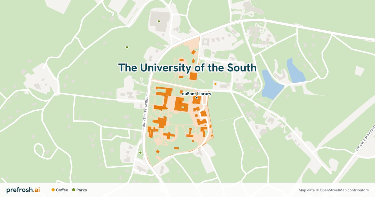 Campus map of The University of the South in Sewanee, TN, showing duPont Library, with nearby restaurants, coffee and shops