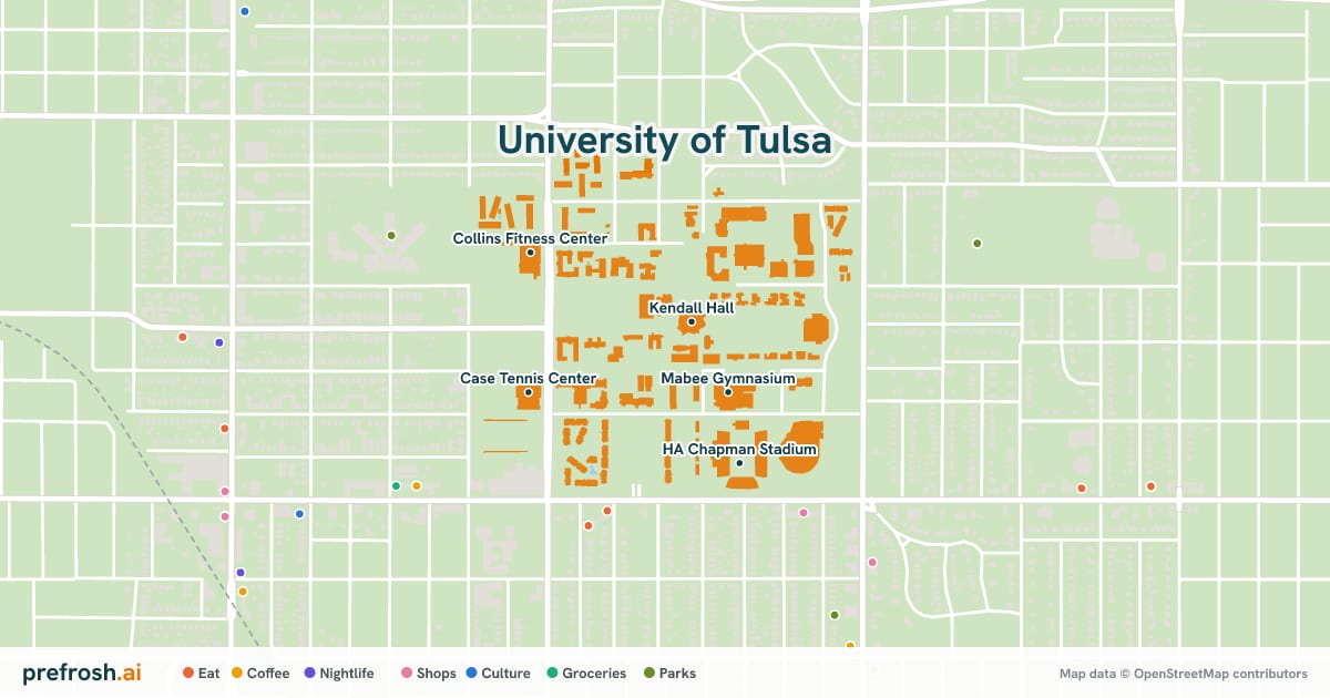 Campus map of University of Tulsa in Tulsa, OK, showing Kendall Hall, McFarlin Library, Mabee Gymnasium and HA Chapman Stadium, with nearby restaurants, coffee and shops