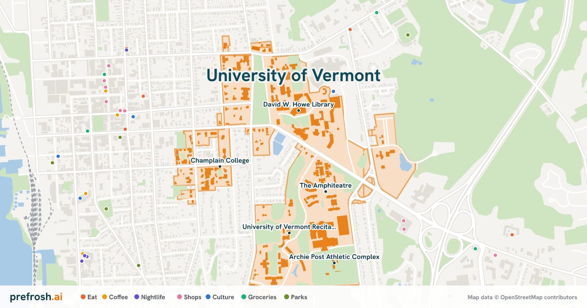 Campus map of University of Vermont in Burlington, VT, showing David W. Howe Library, Royall Tyler Theatre, The Amphiteatre and Champlain College, with nearby restaurants, coffee and shops