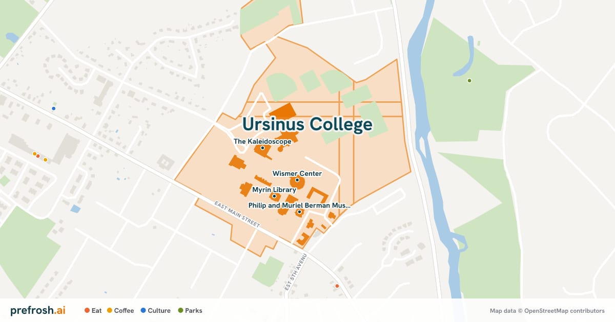 Campus map of Ursinus College in Collegeville, PA, showing Wismer Center, Patterson Field, The Kaleidoscope and Myrin Library, with nearby restaurants, coffee and shops