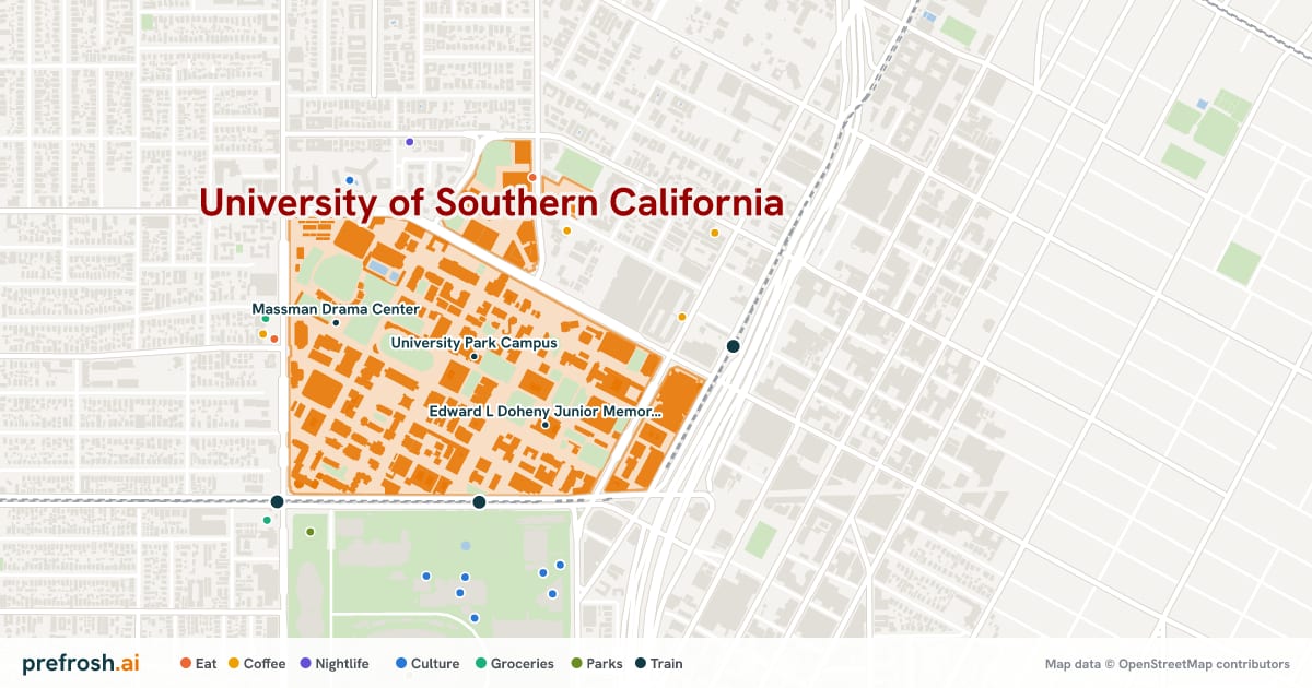 Campus map of University of Southern California in Los Angeles, CA, showing University Park Campus, Edward L Doheny Junior Memorial Library and USC Village, with nearby restaurants, coffee and shops