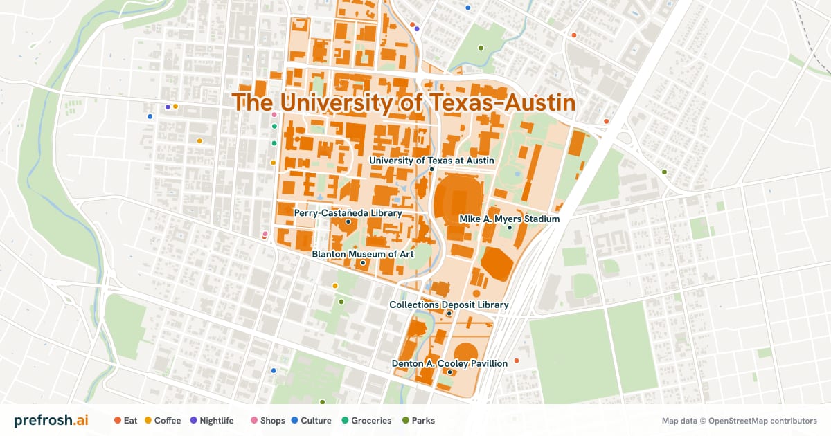 Campus map of The University of Texas–Austin in Austin, TX, showing Perry-Castañeda Library, University of Texas at Austin, Blanton Museum of Art and Perry-Castañeda Library Map Collection, with nearby restaurants, coffee and shops