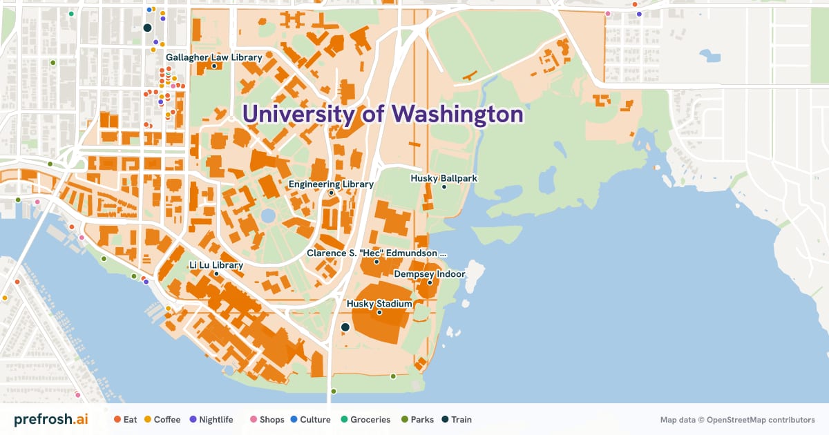 Campus map of University of Washington in Seattle, WA, showing Clarence S. "Hec" Edmundson Pavilion, Engineering Library, Husky Ballpark and Dempsey Indoor, with nearby restaurants, coffee and shops