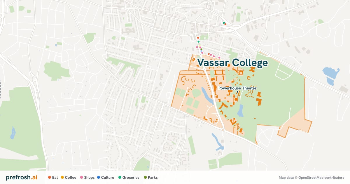 Campus map of Vassar College in Poughkeepsie, NY, showing Powerhouse Theater, with nearby restaurants, coffee and shops