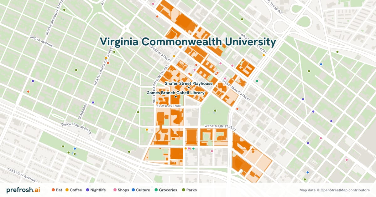 Campus map of Virginia Commonwealth University in Richmond, VA, showing Shafer Street Playhouse and James Branch Cabell Library, with nearby restaurants, coffee and shops