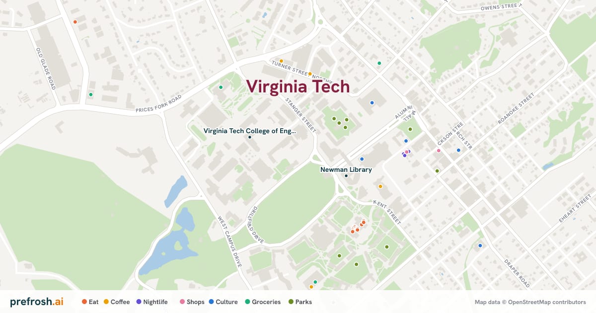 Campus map of Virginia Tech in Blacksburg, VA, showing Newman Library and Virginia Tech College of Engineering, with nearby restaurants, coffee and shops