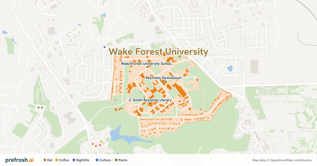 Campus map of Wake Forest University in Winston Salem, NC, showing Reynolds Gymnasium, Manchester Athletic Center and Kentner Stadium, with nearby restaurants, coffee and shops