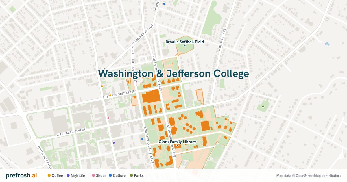 Campus map of Washington & Jefferson College in Washington, PA, showing Janet Swanson Tennis Center and Brooks Softball Field, with nearby restaurants, coffee and shops