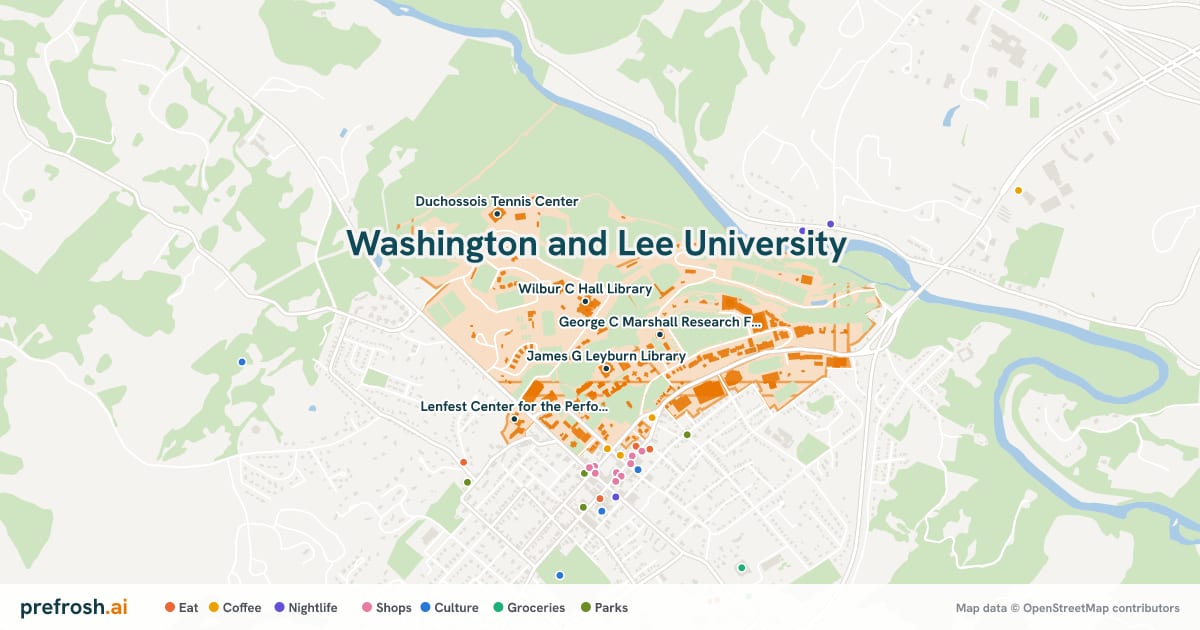 Campus map of Washington and Lee University in Lexington, VA, showing Wilbur C Hall Library, James G Leyburn Library, George C Marshall Research Foundation Library and Gray-Minor Stadium, with nearby restaurants, coffee and shops
