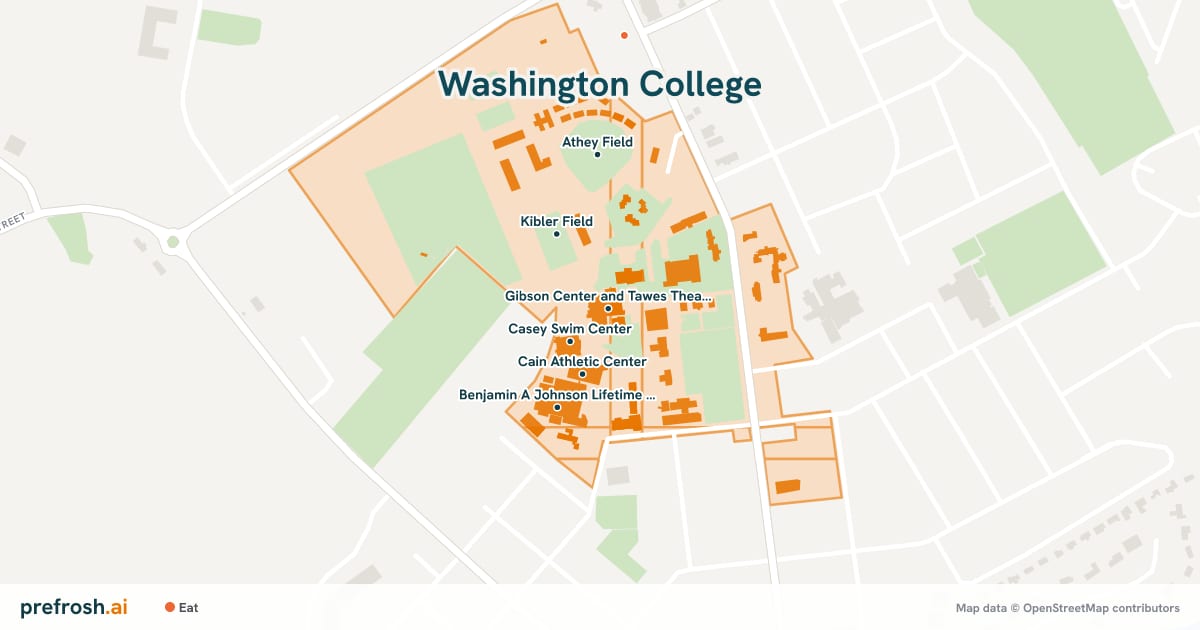 Campus map of Washington College in Chestertown, MD, showing Gibson Center and Tawes Theatre, Casey Swim Center, Cain Athletic Center and Larrabee Arts Center, with nearby restaurants, coffee and shops