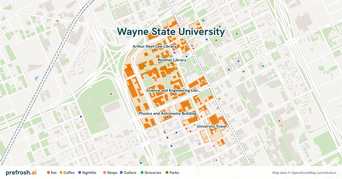 Campus map of Wayne State University in Detroit, MI, showing Science and Engineering Library, David Adamany Undergraduate Library, Reuther Library and Physics and Astronomy Building, with nearby restaurants, coffee and shops