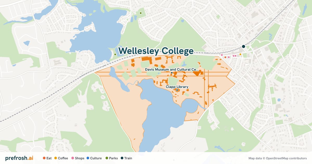 Campus map of Wellesley College in Wellesley, MA, showing Davis Museum and Cultural Center and Clapp Library, with nearby restaurants, coffee and shops