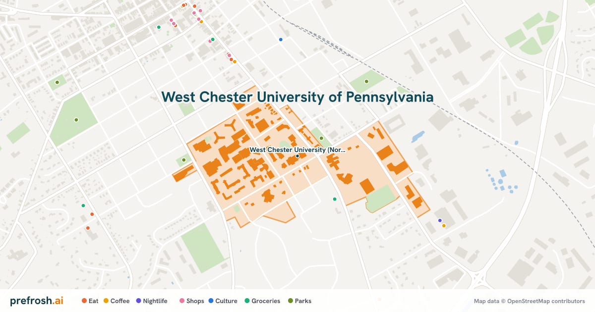 Campus map of West Chester University of Pennsylvania in West Chester, PA, showing West Chester University (North Campus), with nearby restaurants, coffee and shops