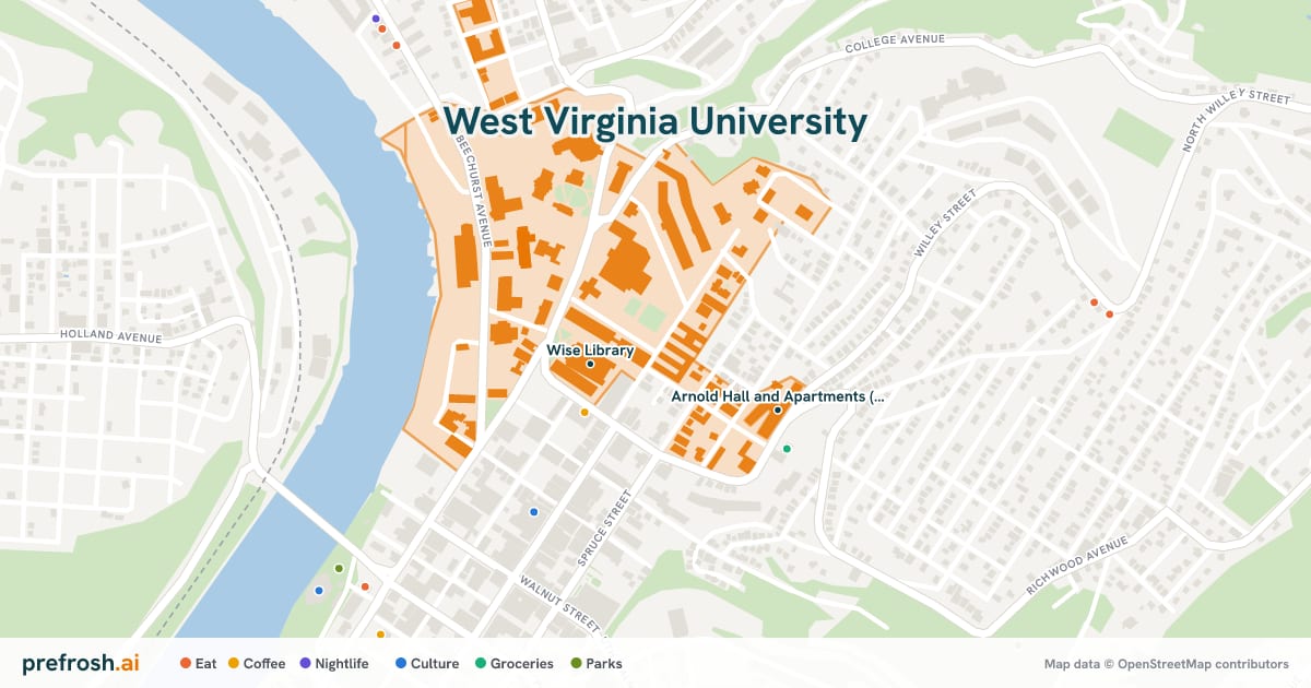 Campus map of West Virginia University in Morgantown, WV, showing Wise Library and Arnold Hall and Apartments (WVU), with nearby restaurants, coffee and shops