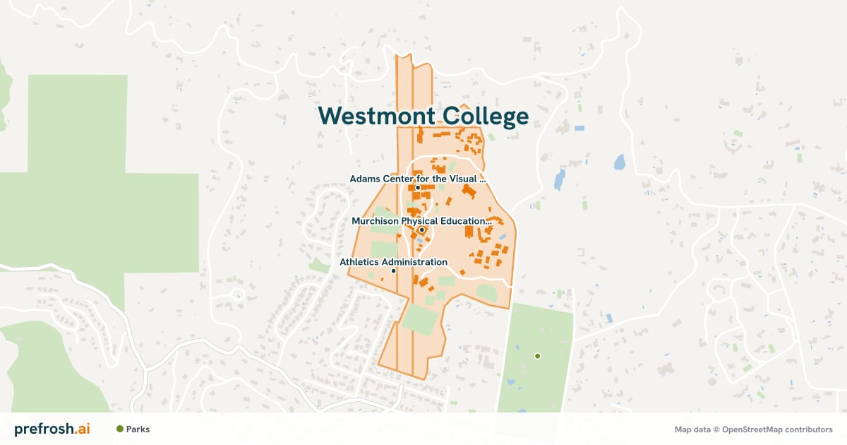 Campus map of Westmont College in Santa Barbara, CA, showing Murchison Physical Education Complex, Adams Center for the Visual Arts and Westmont Ridley-Tree Museum of Art, with nearby restaurants, coffee and shops