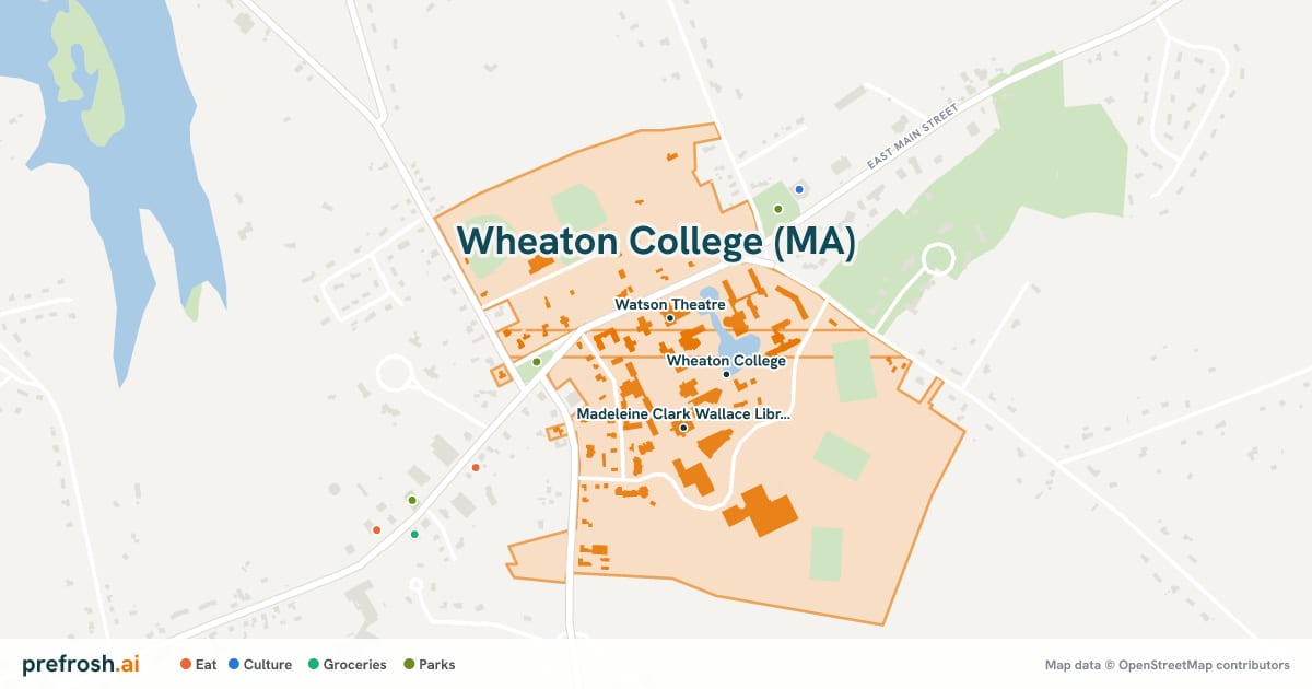 Campus map of Wheaton College (MA) in Norton, MA, showing Watson Theatre, Wheaton College and Madeleine Clark Wallace Library, with nearby restaurants, coffee and shops