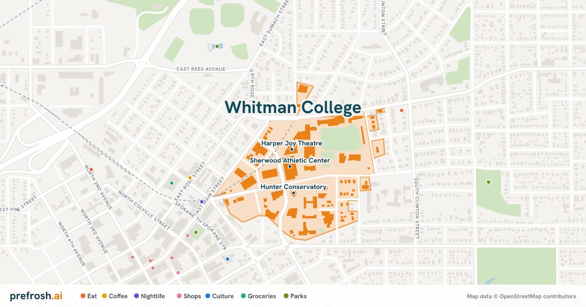 Campus map of Whitman College in Walla Walla, WA, showing Harper Joy Theatre, Sherwood Athletic Center and Penrose Library, with nearby restaurants, coffee and shops