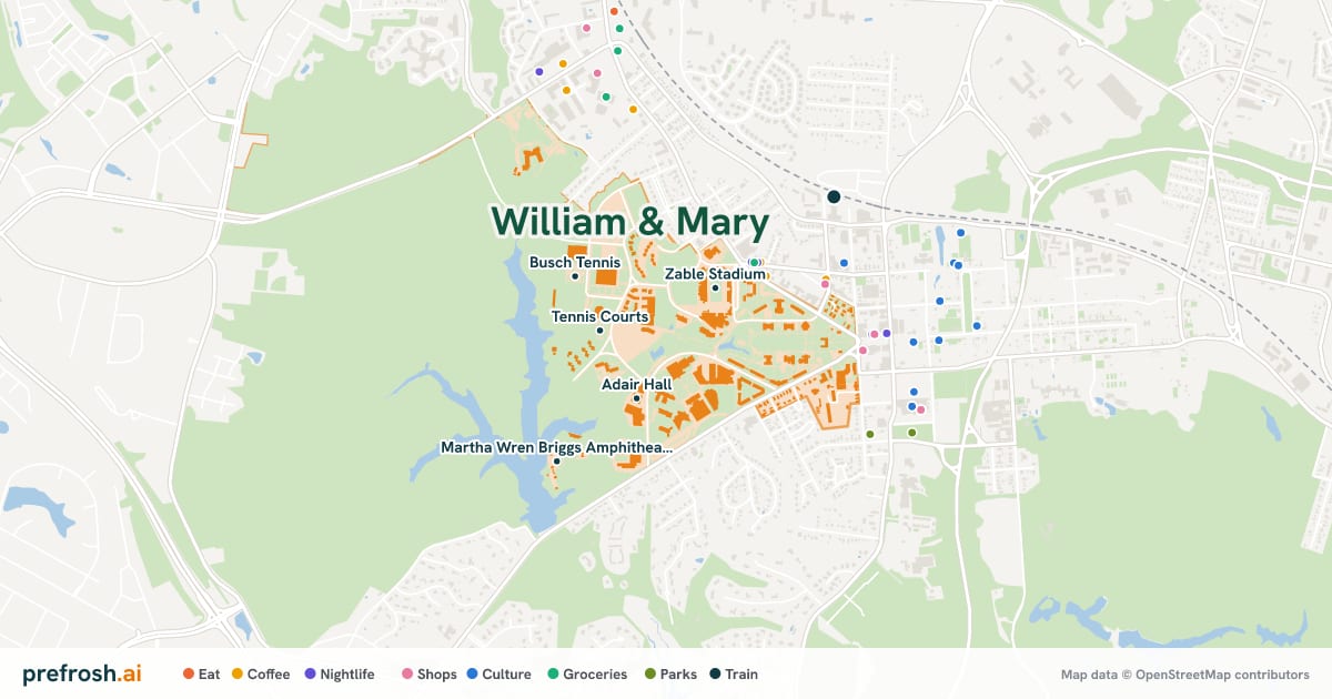 Campus map of William & Mary in Williamsburg, VA, showing Tennis Courts, Adair Hall, Swem Library and College of William and Mary, with nearby restaurants, coffee and shops