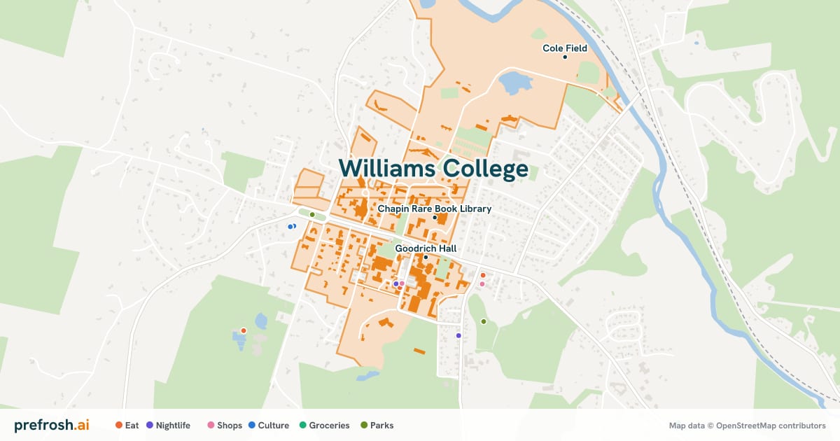Campus map of Williams College in Williamstown, MA, showing Chapin Rare Book Library, Williams College Sawyer Library and Goodrich Hall, with nearby restaurants, coffee and shops