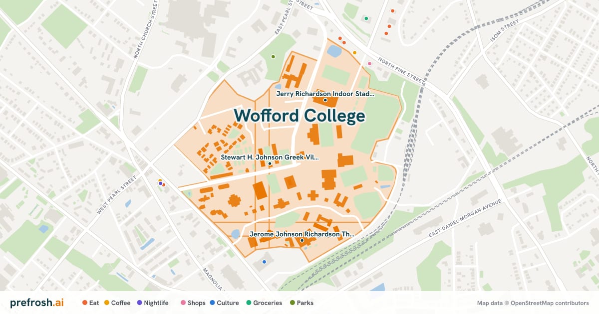 Campus map of Wofford College in Spartanburg, SC, showing Stewart H. Johnson Greek Village, Gibbs Stadium and Jerry Richardson Indoor Stadium, with nearby restaurants, coffee and shops