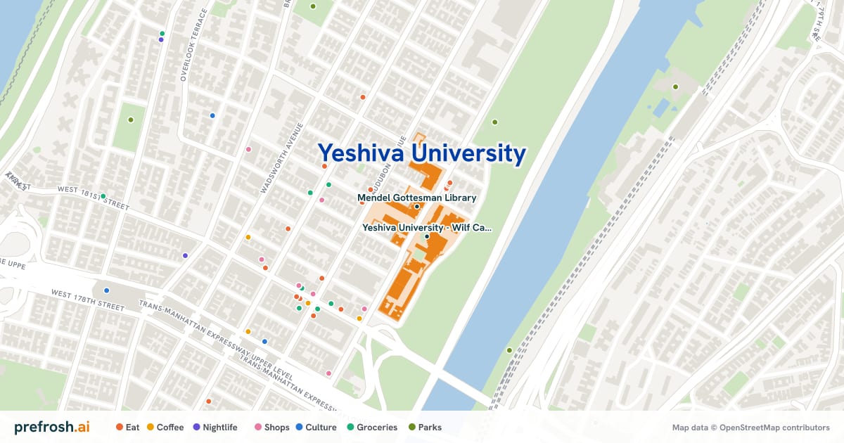Campus map of Yeshiva University in New York, NY, showing Yeshiva University - Wilf Campus and Mendel Gottesman Library, with nearby restaurants, coffee and shops